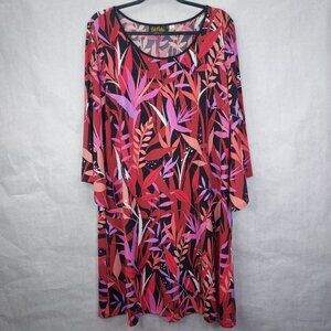 Bob Mackie Shift Dress Medium Bell Sleeve Floral Stretch Red Purple Wearable Art